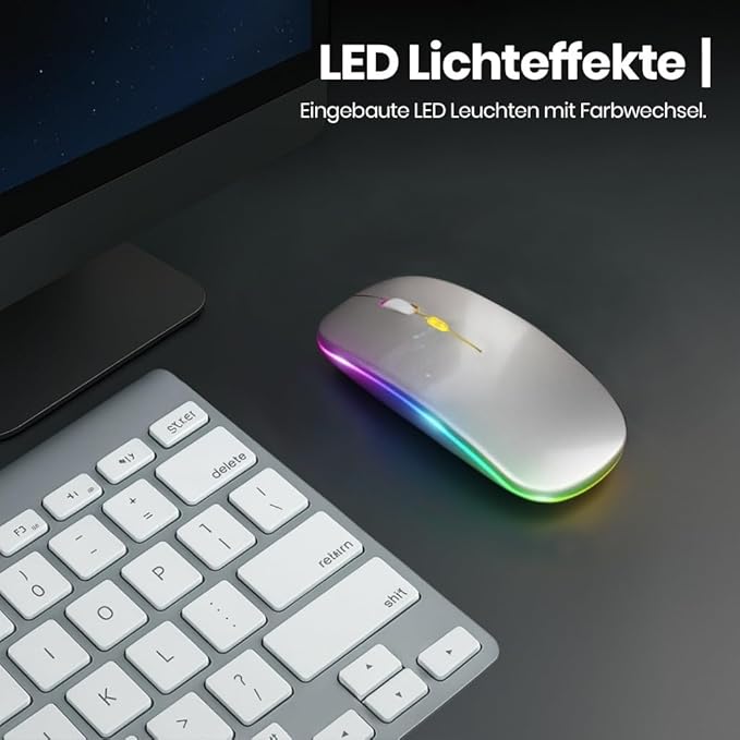Wireless Bluetooth Maus, Wiederaufladbare Ultra Slim LED Funkmaus, Dual Mode 2,4