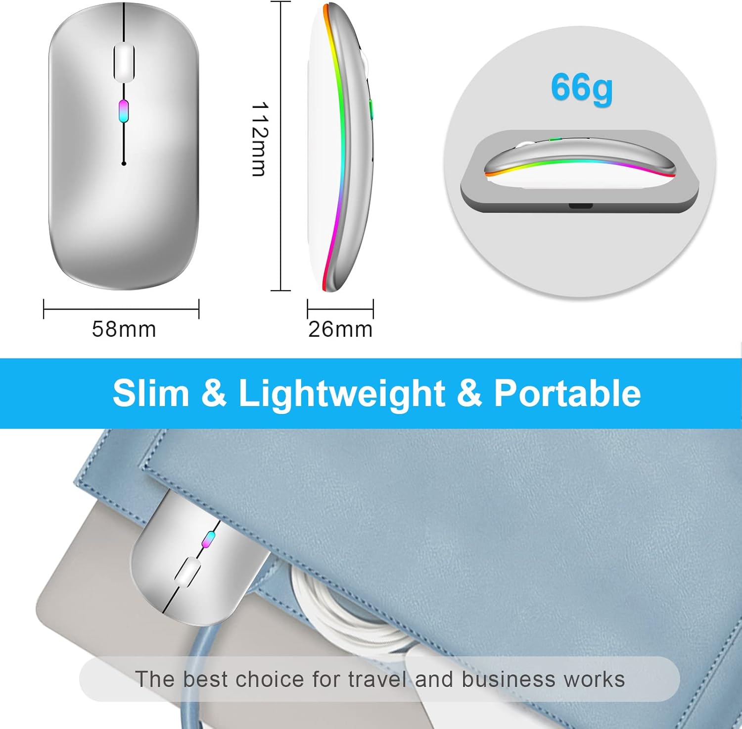 Wireless Bluetooth Maus, Wiederaufladbare Ultra Slim LED Funkmaus, Dual Mode 2,4