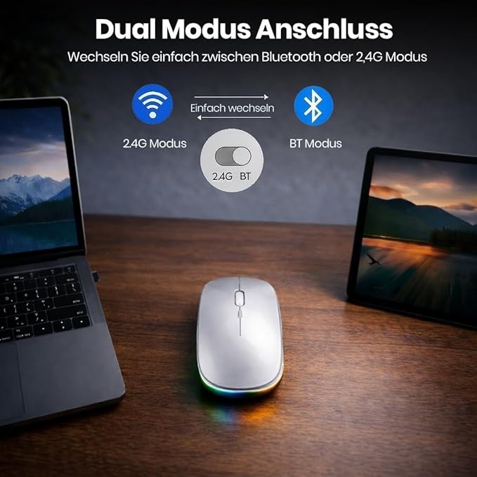 Wireless Bluetooth Maus, Wiederaufladbare Ultra Slim LED Funkmaus, Dual Mode 2,4