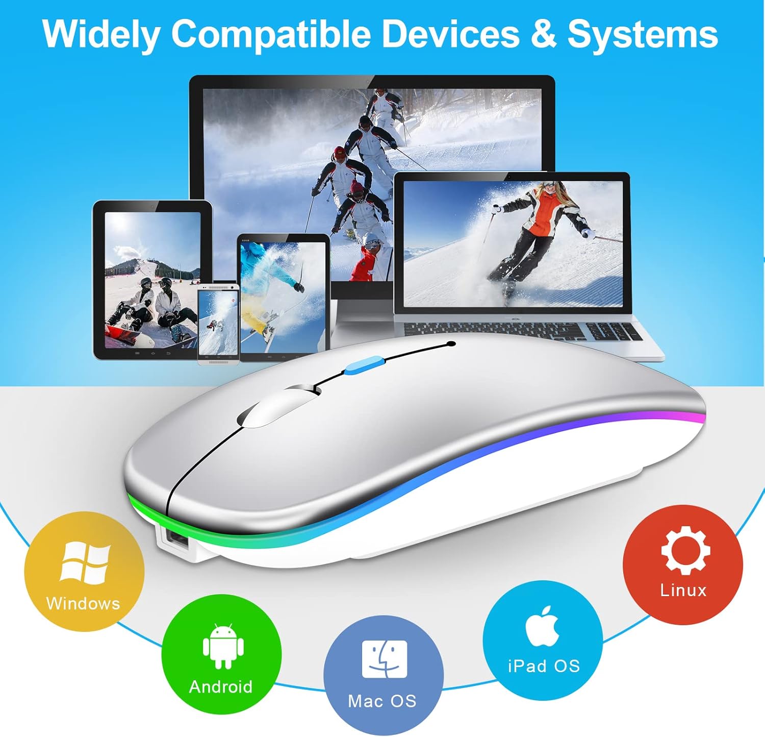 Wireless Bluetooth Maus, Wiederaufladbare Ultra Slim LED Funkmaus, Dual Mode 2,4