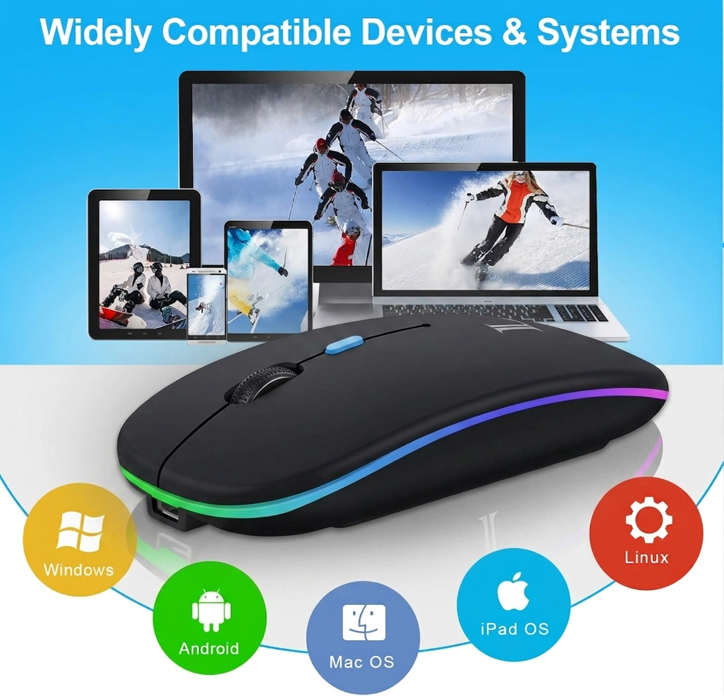 Wireless Bluetooth Maus, Wiederaufladbare Ultra Slim LED Funkmaus, Dual Mode 2,4
