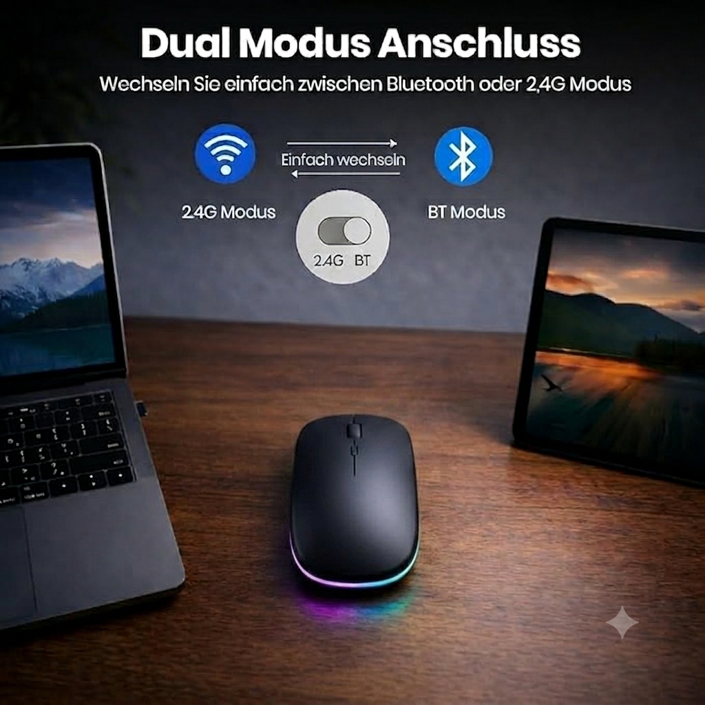 Wireless Bluetooth Maus, Wiederaufladbare Ultra Slim LED Funkmaus, Dual Mode 2,4