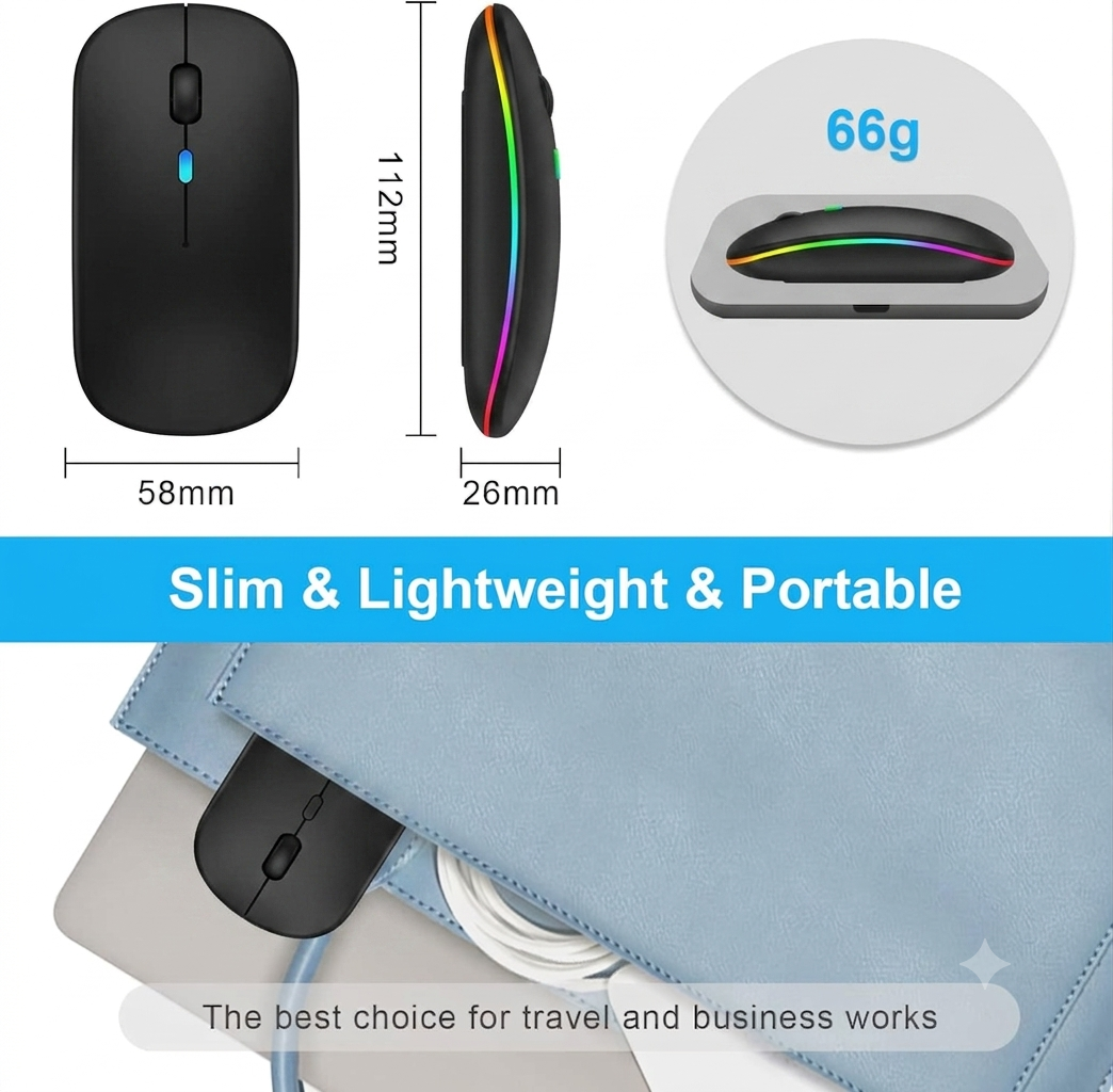 Wireless Bluetooth Maus, Wiederaufladbare Ultra Slim LED Funkmaus, Dual Mode 2,4